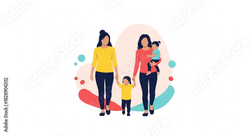 Two moms walking with their children, showcasing diverse family dynamics and modern parenting styles in a colorful, inclusive scene perfect for family blogs