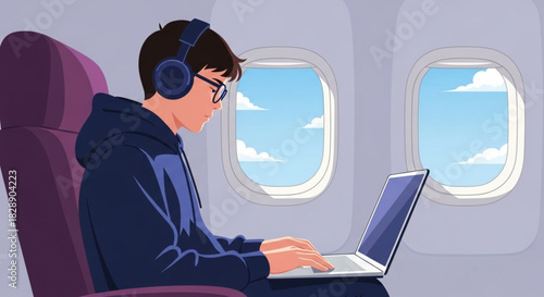 Focused young man working remotely on laptop while traveling by plane, enjoying blue skies and comfortable headphones for productive business travel