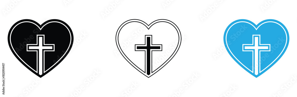 Fototapeta premium Timeless symbols of faith and love with heart and cross in black, white, and blue for graphic design projects, religious events, and spiritual artwork