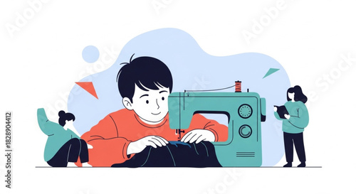 Creative young boy learning to sew with vintage machine, friends watching, perfect for educational or crafting projects, inspiring creativity and skill building
