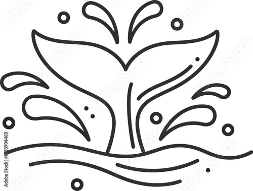Whale tail breaching water surface in minimalist line art vector illustration