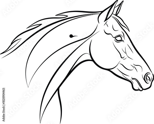 Elegant horse head in black and white line art against a clean white backdrop