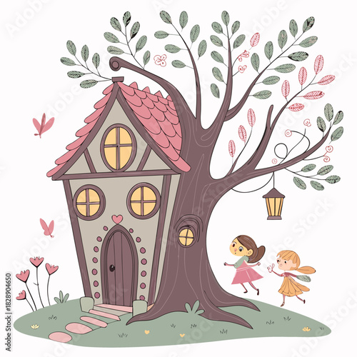 Whimsical Fairy Tale Illustration of a Charming Cottage nestled by a Tree with Two Playful Fairies, Evoking Childhood Wonder and Imagination