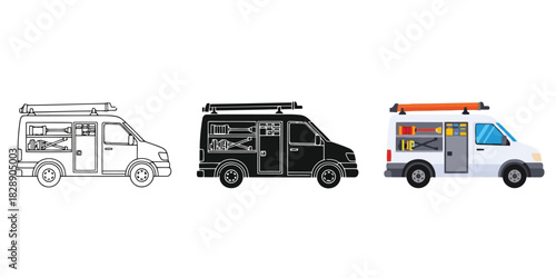 Three service vans in different styles, including outline, silhouette, and full color, equipped with tools and roof racks