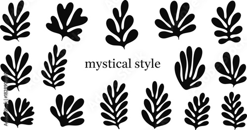 Mystical botanical silhouette design, abstract leaf shapes, black plant icons, nature-inspired graphic, whimsical foliage art, elegant decorative elements, vector illustration