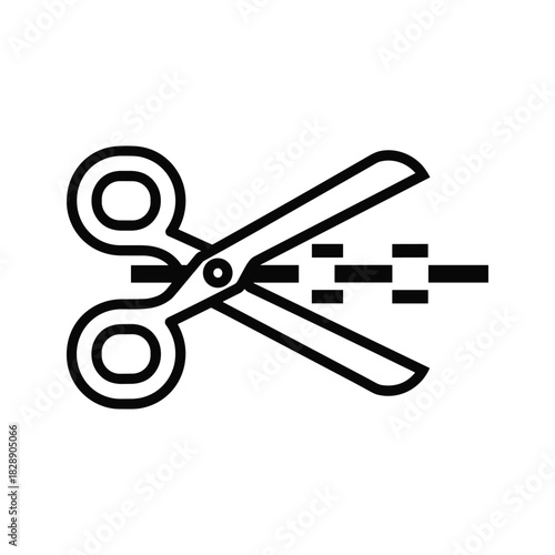 Black and white icon of open scissors cutting a dashed line