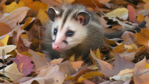 Cute opossum nestled in colorful autumn leaves