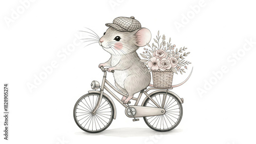 Adorable mouse in cap rides bicycle with flower basket for charming storybook illustration or whimsical greeting card design with sweet vintage feel