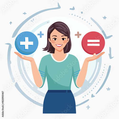 Cartoon woman holding plus and equals signs. Vector illustration of a female character. Math symbols. White background. Business concept. Simple style. Colorful icons. Flat design.