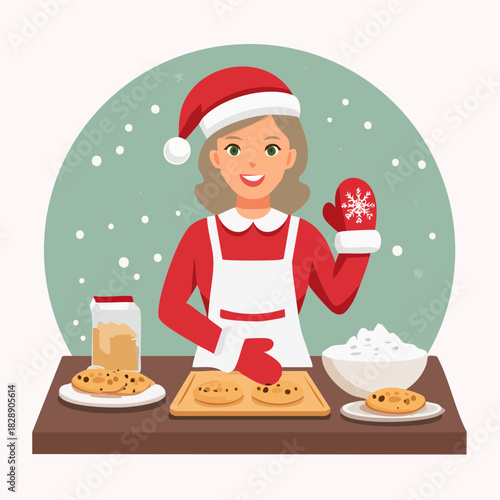 Woman baking Christmas cookies. Santa hat and apron. Cookies on baking sheet. Flour and cookie jar on table. Vector illustration.