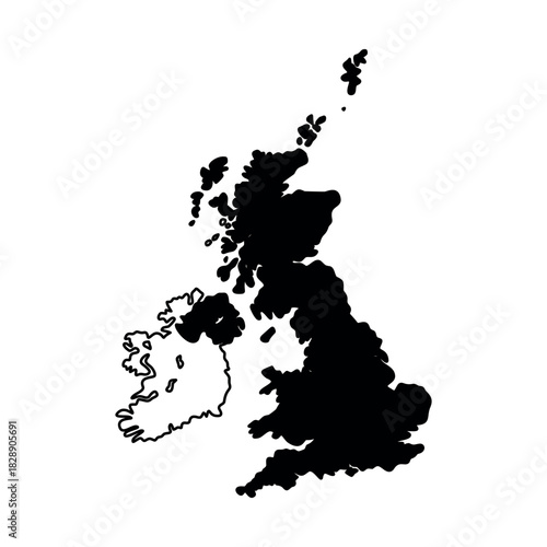 Minimalist black silhouette map showcasing the geographical outline of the United Kingdom and Ireland, perfect for educational content, travel imagery, or national identity designs