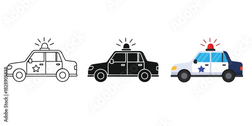 Police car icon set featuring outline, solid black, and colored versions with siren lights