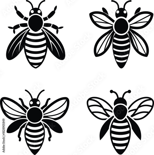 A set of simple black and white vector silhouette icon of a Bee