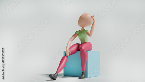 3D Rendered Image of Basic Posed Figure Sitting in Confused Stance, Scratching Head and Pondering, Expressing Doubt, Uncertainty, and Problem-Solving, Isolated on Solid Background, 3D Render
