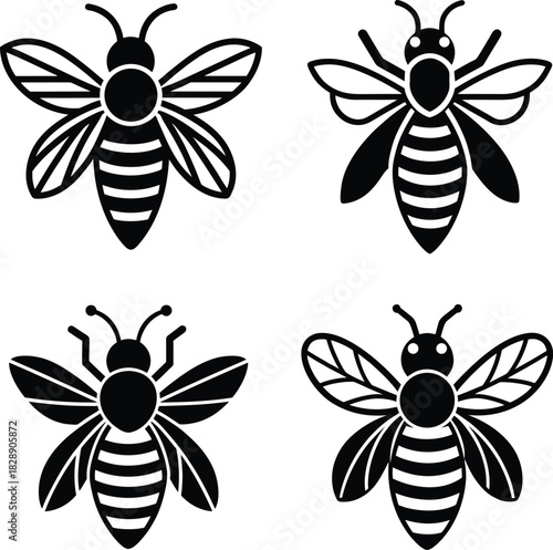 A set of simple black and white vector silhouette icon of a Bee