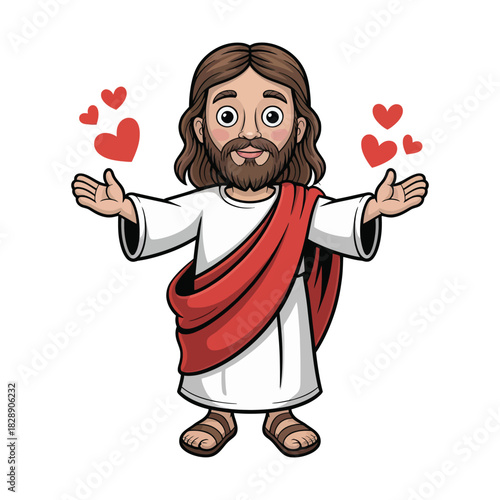 Jesus is depicted with open arms and hearts, symbolizing love and compassion.