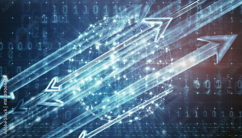 Naklejka premium Digital Ascent: Dynamic arrows surge upward amidst a matrix of binary code, symbolizing growth, progress, and the digital evolution of innovation.