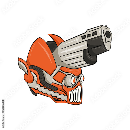 Robot head design with a gun on the head, great for icons, game assets, stickers, and more