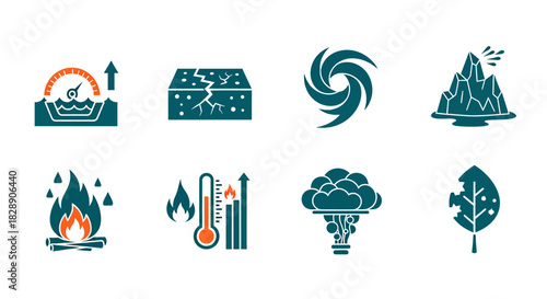 Natural disaster and climate change icons set.