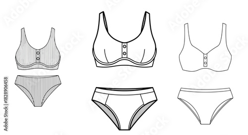 Black and white line drawing of three different bra and panty sets; one with vertical stripes.