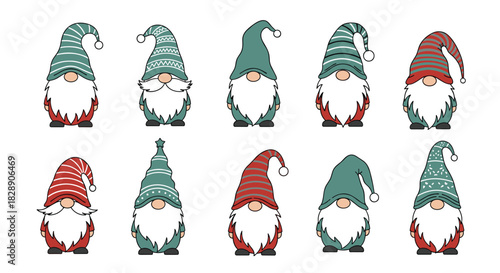 Cute hand drawn gnomes with striped hats and white beards, ideal for holiday themes.