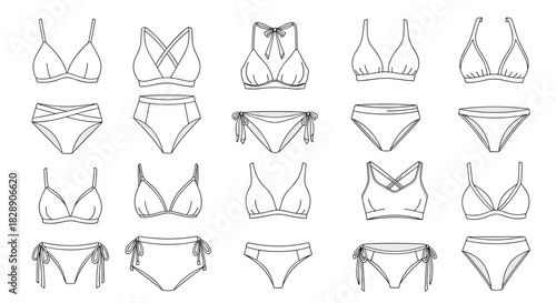 Collection of line art bikini tops and bottoms for women.