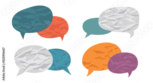 Four pairs of crumpled speech bubbles in different colors on a white background.