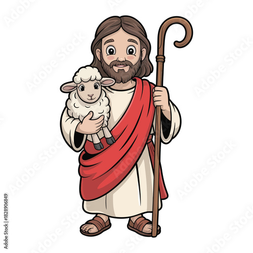Jesus the Good Shepherd gently holds a lamb in his arms.
