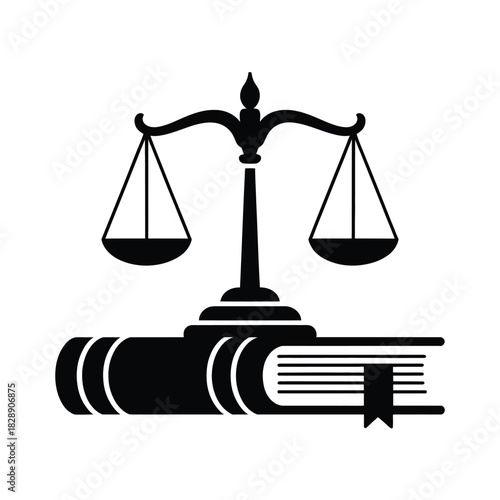 The scales of justice are balanced on an open book symbolizing law and knowledge.