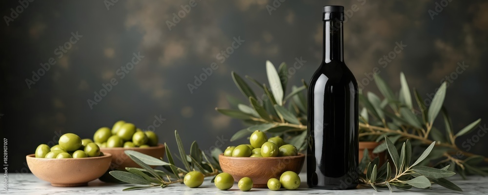 Naklejka premium Black glass bottle with fresh green olives in wooden bowls. Olive branches frame dark moody background. Premium quality extra virgin oil for healthy cuisine.