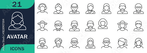 Line-style avatar icon set. Featuring diverse male and female faces, adult and elderly characters, social profile symbols, and editable human illustrations.