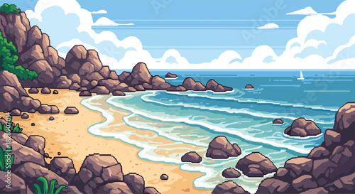 Pixel art illustration of a serene rocky beach with gentle waves and a sailboat in the distance under a cloudy sky.