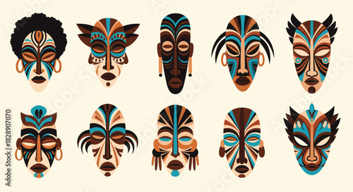 Collection of ten vibrant and colorful African tribal masks in a flat design style.