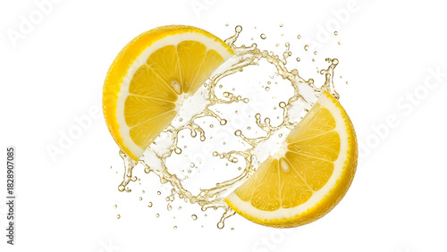 Realistic fresh lemon cut in two halves with a refreshing citrus juice splash exploding between the pieces, isolated on transparent background