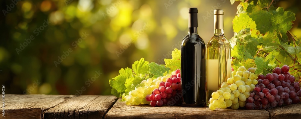 Fototapeta premium Two wine bottles sit among lush grapes and green leaves on a rustic wooden surface, evoking a serene vineyard atmosphere.