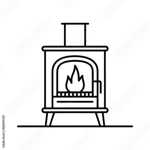 A simple line drawing of a wood-burning stove with flames inside.
