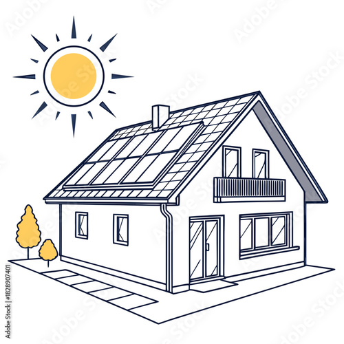 Modern house with solar panels on the roof and a bright sun shining above