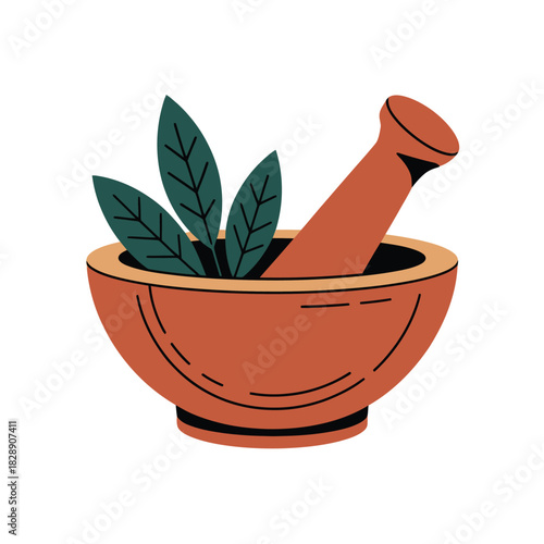 A mortar and pestle with green leaves inside, representing natural remedies.
