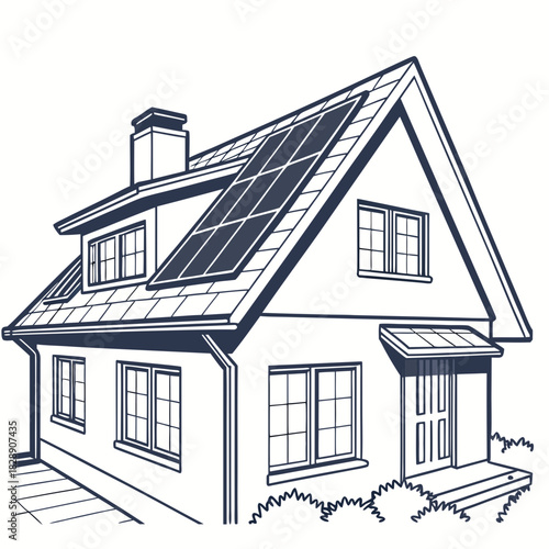 Modern residential house with solar panels installed on the roof for renewable energy generation