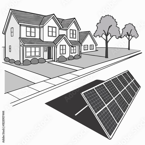 Modern suburban house with solar panels installed in the driveway for renewable energy generation