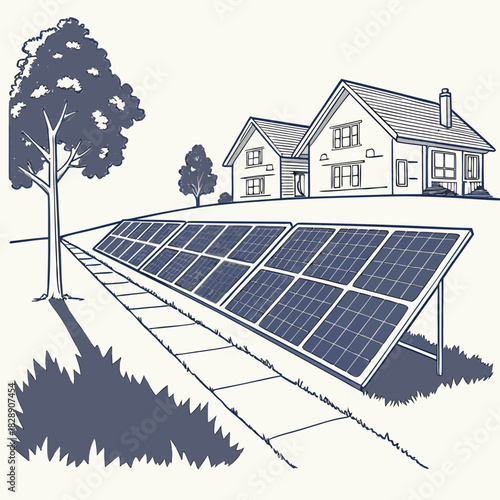 Modern home with a row of solar panels on the lawn generating clean renewable energy
