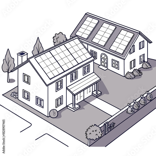 Illustration of two suburban houses with solar panels installed on their roofs for renewable energy generation