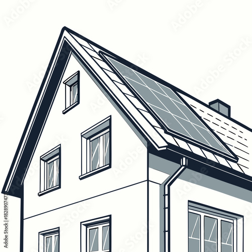 Modern residential house with solar panels installed on the roof for renewable energy generation