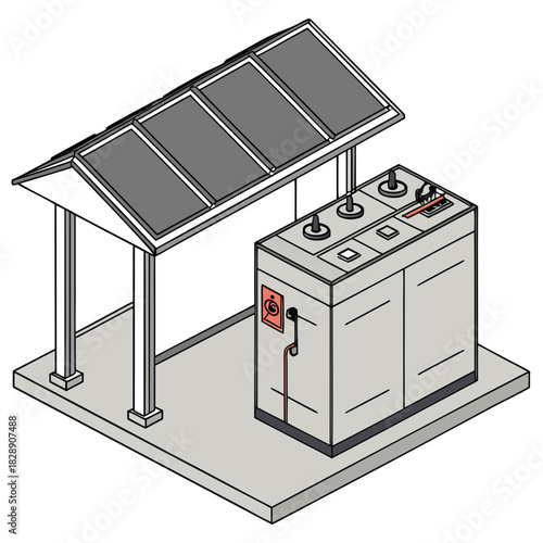 Isometric illustration of a solar powered charging station with battery storage and control panel