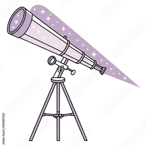 Cartoon telescope on a tripod looking at a starry purple nebula with shimmering stars