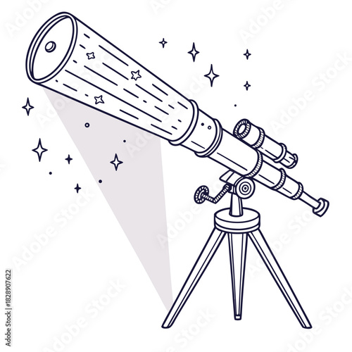 Hand drawn line art illustration of a telescope on a tripod looking at stars and a beam of light