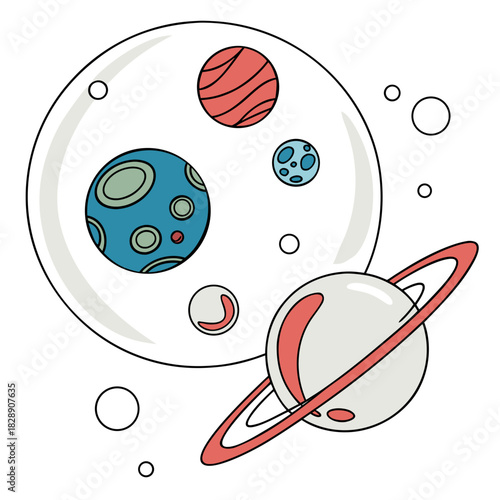 Colorful cartoon planets and moons in outer space with rings and craters on a white background