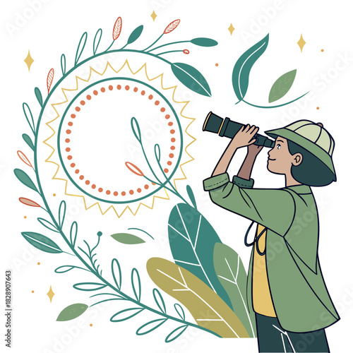 Curious explorer with a spyglass looking through a decorative floral sun circle with leaves