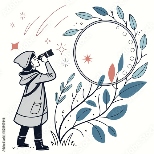 Curious child with a telescope looking at the stars and a decorative circular frame with leaves