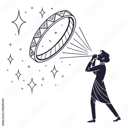Person blowing horn to create magical ring with stars and sparkles in a whimsical illustration
